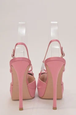 Pink satin and leather Choc buckle slingback platform pumps with buckle strap closure