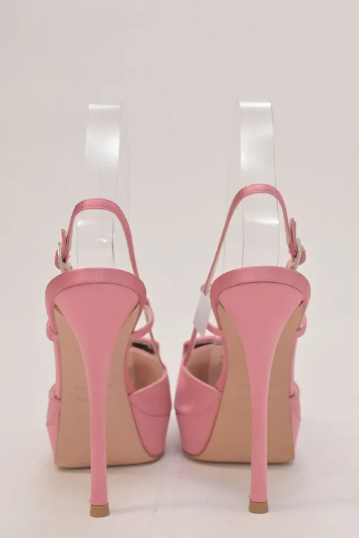 Pink satin and leather Choc buckle slingback platform pumps with buckle strap closure