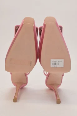 Pink satin and leather Choc buckle slingback platform pumps with buckle strap closure