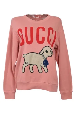 Pink screen-printed cotton French terry crewneck pullover hoodie featuring graphic logo and sheep motif