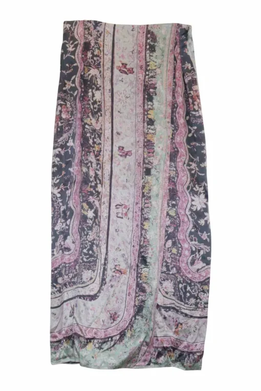 Pink silk abstract paisley print pull-on midi A-line skirt