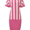 Pink striped half-button spread collar polo-style pullover top and pencil skirt two-piece set