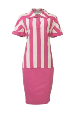 Pink striped half-button spread collar polo-style pullover top and pencil skirt two-piece set