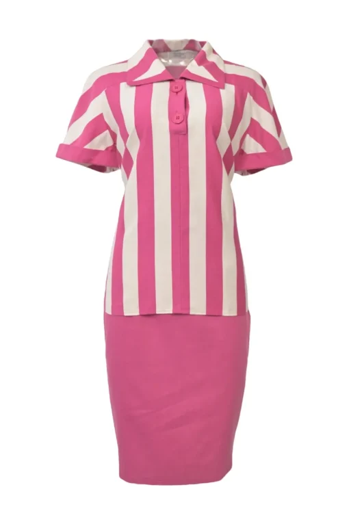 Pink striped half-button spread collar polo-style pullover top and pencil skirt two-piece set
