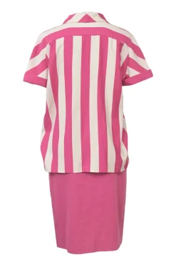 Pink striped half-button spread collar polo-style pullover top and pencil skirt two-piece set