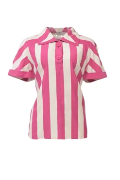 Pink striped half-button spread collar polo-style pullover top and pencil skirt two-piece set