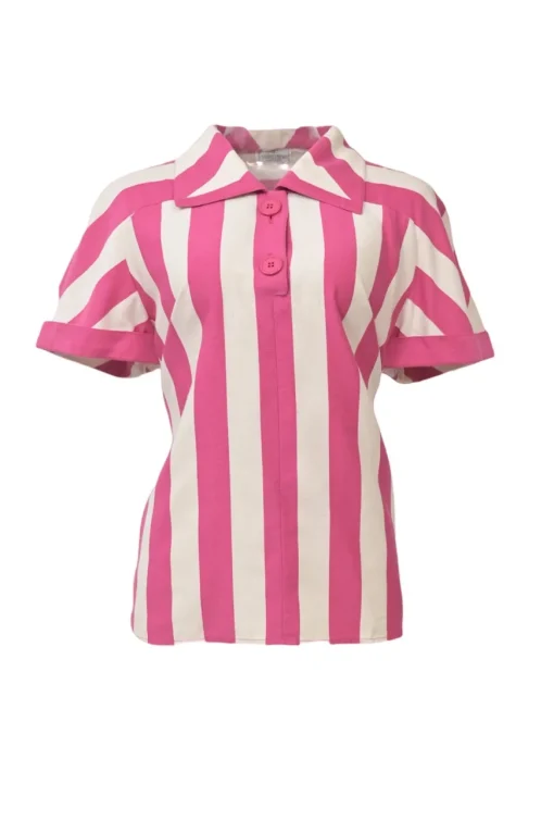 Pink striped half-button spread collar polo-style pullover top and pencil skirt two-piece set