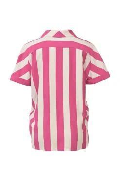 Pink striped half-button spread collar polo-style pullover top and pencil skirt two-piece set