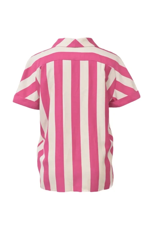 Pink striped half-button spread collar polo-style pullover top and pencil skirt two-piece set