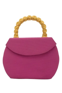Pink structured mini handbag with solid gold handle imprinted swirls