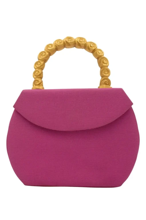 Pink structured mini handbag with solid gold handle imprinted swirls