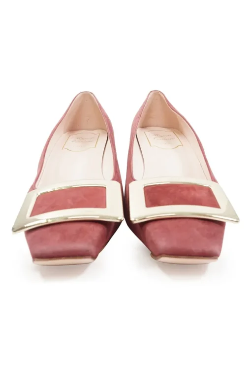 Pink suede and leather Decolleté Belle Vivier square-toe buckle pumps