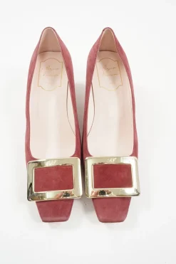 Pink suede and leather Decolleté Belle Vivier square-toe buckle pumps