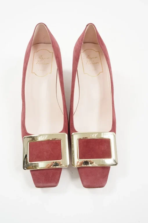 Pink suede and leather Decolleté Belle Vivier square-toe buckle pumps