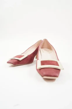 Pink suede and leather Decolleté Belle Vivier square-toe buckle pumps