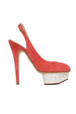 Pink suede stilettos with sling back and ivory marble effect platform