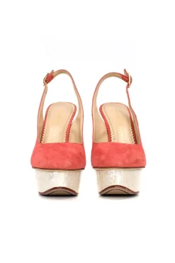 Pink suede stilettos with sling back and ivory marble effect platform