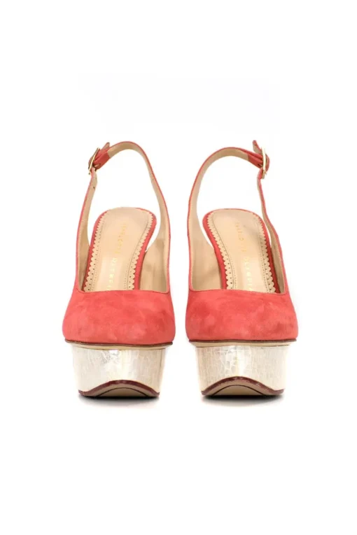 Pink suede stilettos with sling back and ivory marble effect platform