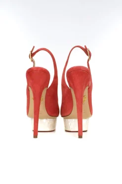Pink suede stilettos with sling back and ivory marble effect platform