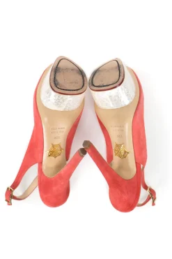 Pink suede stilettos with sling back and ivory marble effect platform