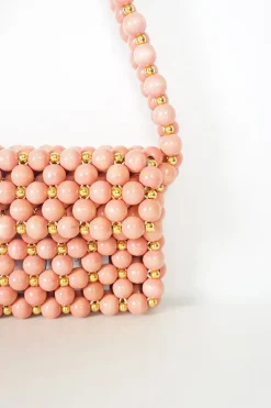 Pink wood and gold tone bead flap bag