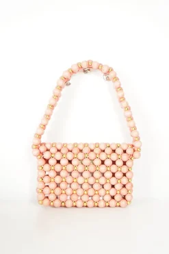 Pink wood and gold tone bead flap bag