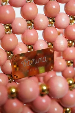 Pink wood and gold tone bead flap bag