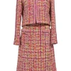 Pink wool-blend bouclé tweed two-piece suit set featuring portrait collar tailored jacket and low-rise midi A-line skirt