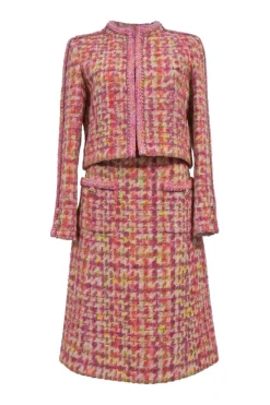 Pink wool-blend bouclé tweed two-piece suit set featuring portrait collar tailored jacket and low-rise midi A-line skirt