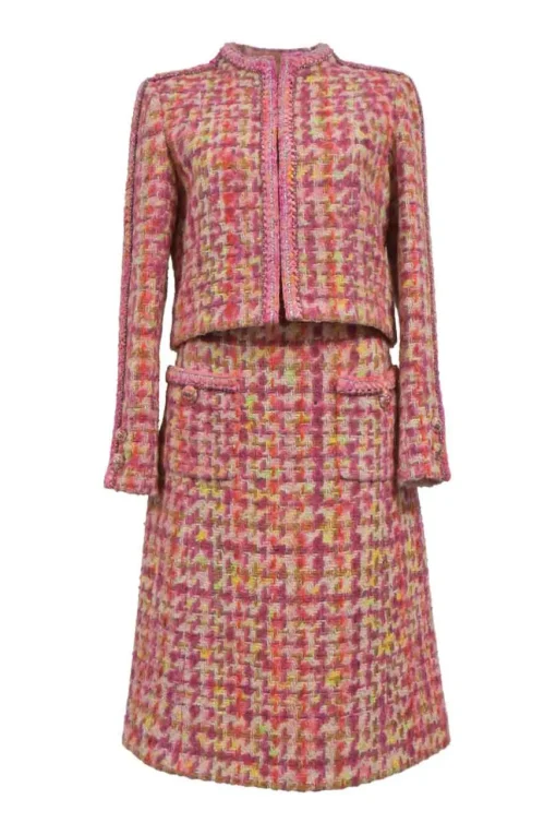 Pink wool-blend bouclé tweed two-piece suit set featuring portrait collar tailored jacket and low-rise midi A-line skirt