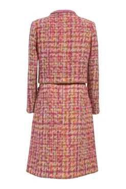 Pink wool-blend bouclé tweed two-piece suit set featuring portrait collar tailored jacket and low-rise midi A-line skirt