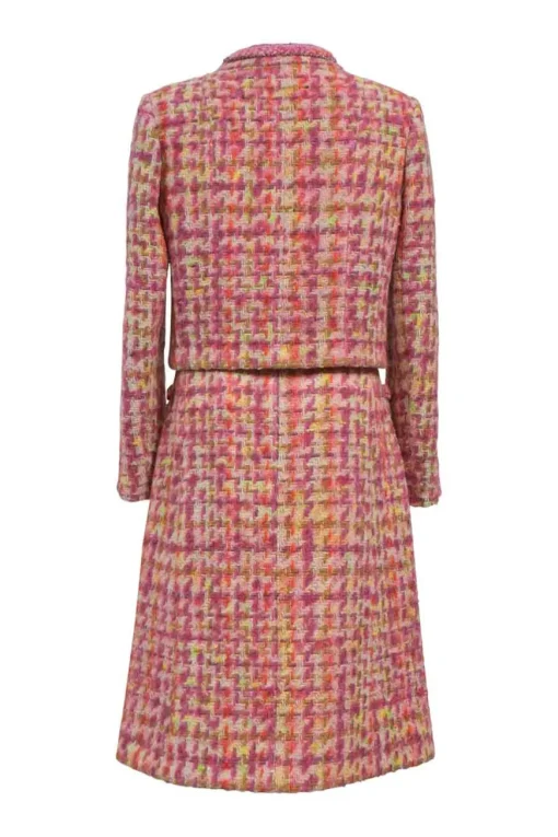 Pink wool-blend bouclé tweed two-piece suit set featuring portrait collar tailored jacket and low-rise midi A-line skirt