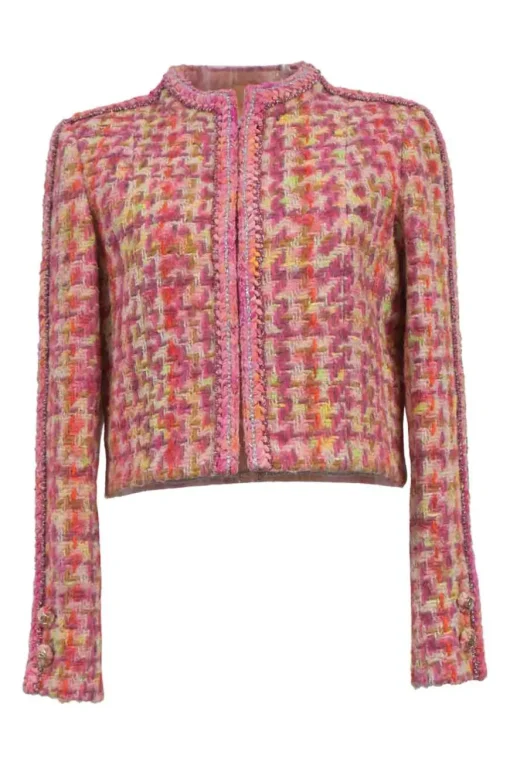 Pink wool-blend bouclé tweed two-piece suit set featuring portrait collar tailored jacket and low-rise midi A-line skirt