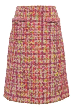 Pink wool-blend bouclé tweed two-piece suit set featuring portrait collar tailored jacket and low-rise midi A-line skirt