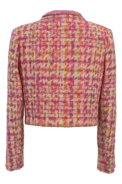 Pink wool-blend bouclé tweed two-piece suit set featuring portrait collar tailored jacket and low-rise midi A-line skirt