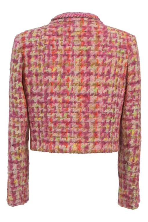 Pink wool-blend bouclé tweed two-piece suit set featuring portrait collar tailored jacket and low-rise midi A-line skirt
