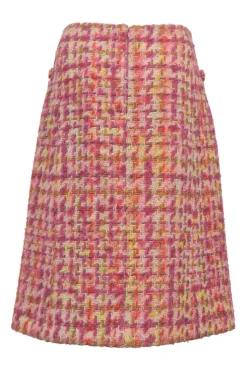 Pink wool-blend bouclé tweed two-piece suit set featuring portrait collar tailored jacket and low-rise midi A-line skirt