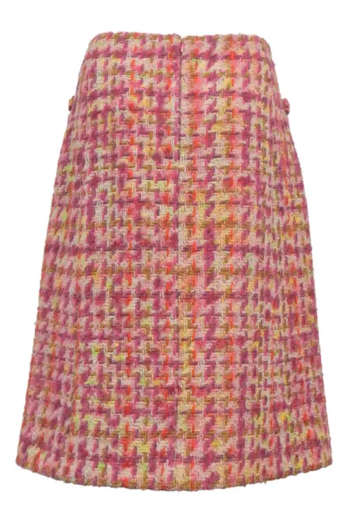 Pink wool-blend bouclé tweed two-piece suit set featuring portrait collar tailored jacket and low-rise midi A-line skirt