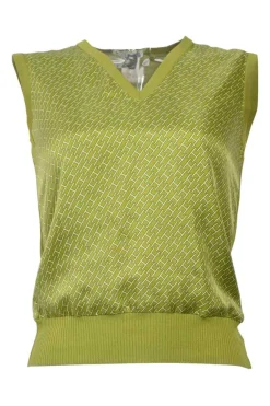 Pistacchio silk and cotton mixed-media micro-rib foulard V-neck gilet featuring H print motif front panel