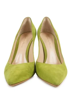 Pistachio suede pointed toe stiletto heel pumps