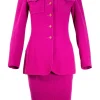 Plum purple long blazer with 2 front pockets and skirt set with gold CC hardware on purple resin buttons