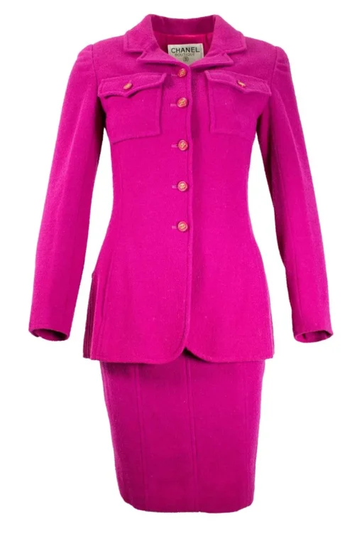 Plum purple long blazer with 2 front pockets and skirt set with gold CC hardware on purple resin buttons