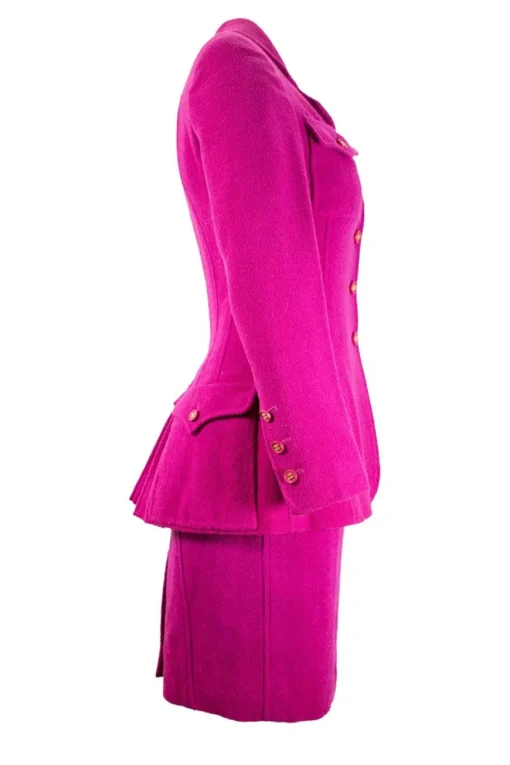 Plum purple long blazer with 2 front pockets and skirt set with gold CC hardware on purple resin buttons