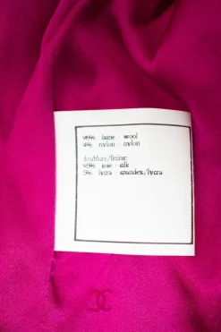 Plum purple long blazer with 2 front pockets and skirt set with gold CC hardware on purple resin buttons