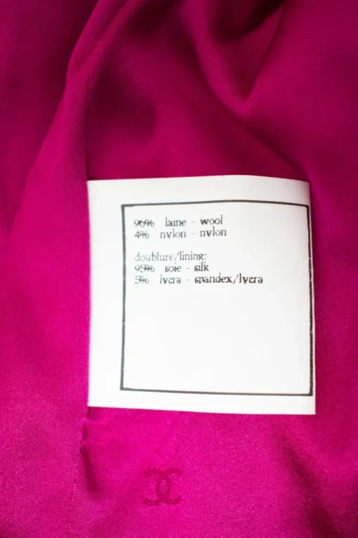 Plum purple long blazer with 2 front pockets and skirt set with gold CC hardware on purple resin buttons