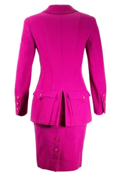 Plum purple long blazer with 2 front pockets and skirt set with gold CC hardware on purple resin buttons