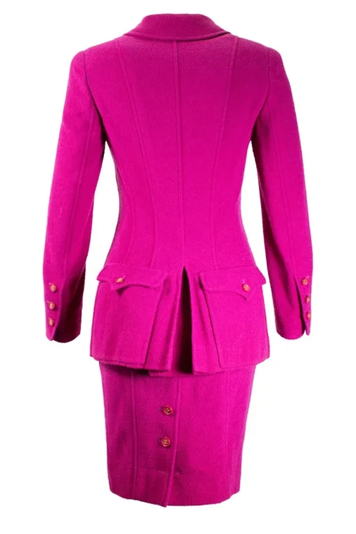 Plum purple long blazer with 2 front pockets and skirt set with gold CC hardware on purple resin buttons