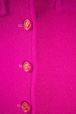 Plum purple long blazer with 2 front pockets and skirt set with gold CC hardware on purple resin buttons
