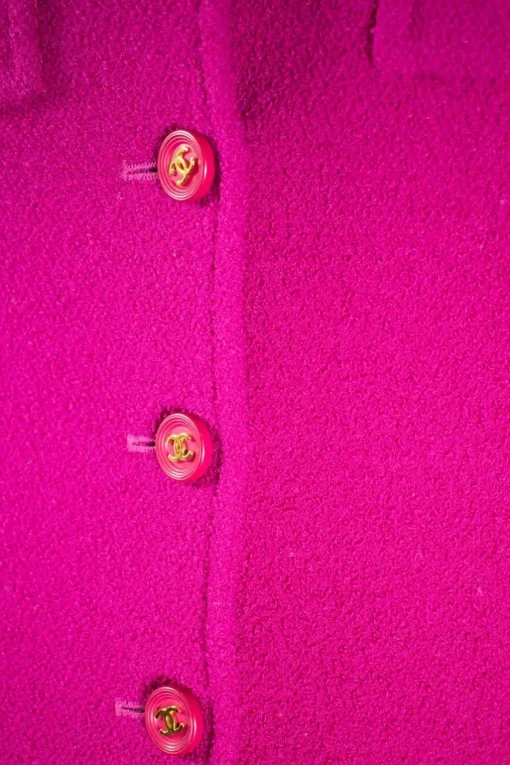 Plum purple long blazer with 2 front pockets and skirt set with gold CC hardware on purple resin buttons