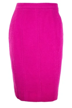 Plum purple long blazer with 2 front pockets and skirt set with gold CC hardware on purple resin buttons